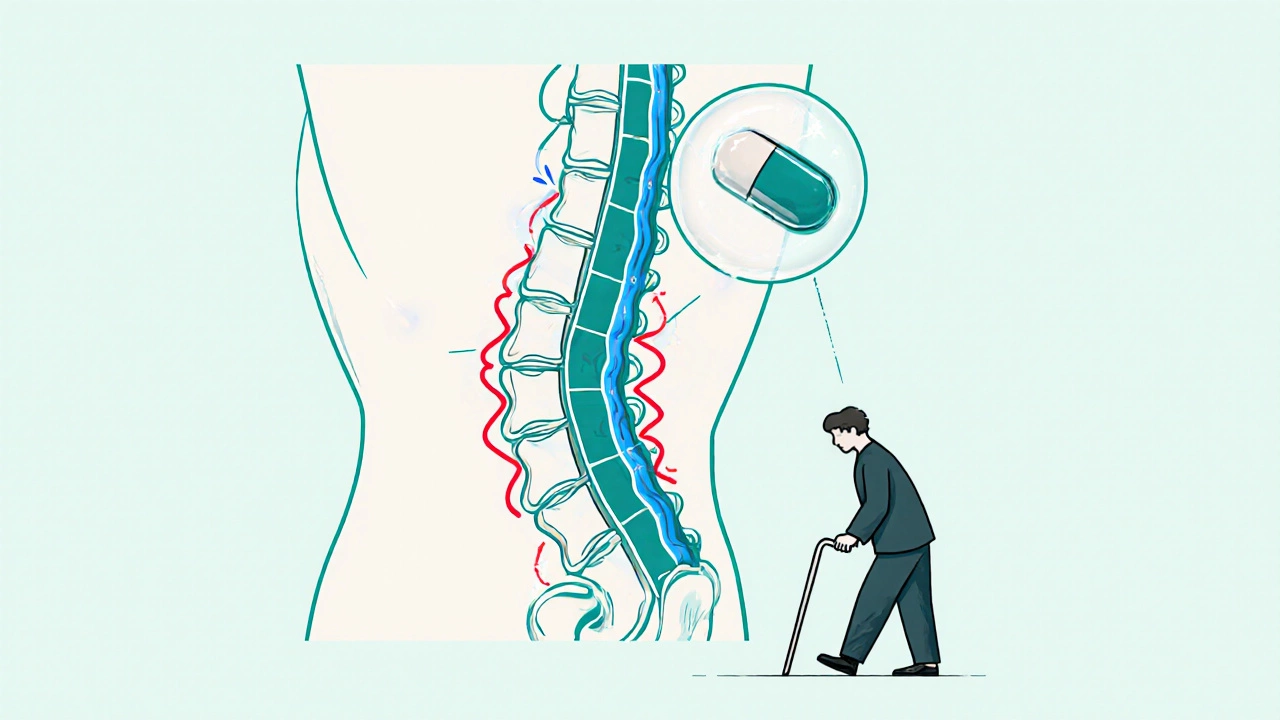 A spinal nerve with pain signals being calmed by gabapentin, enabling confident walking.