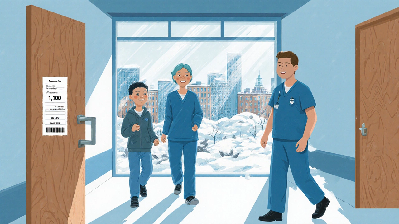 A Swedish family leaving a hospital after treatment, winter light streaming through a window.