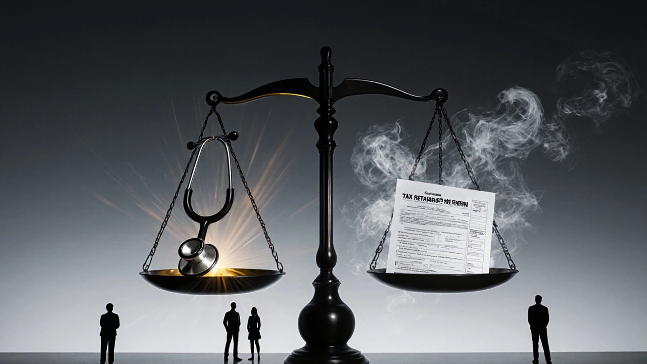 A symbolic scale balancing healthcare and taxes, with silhouettes of people from universal healthcare nations.