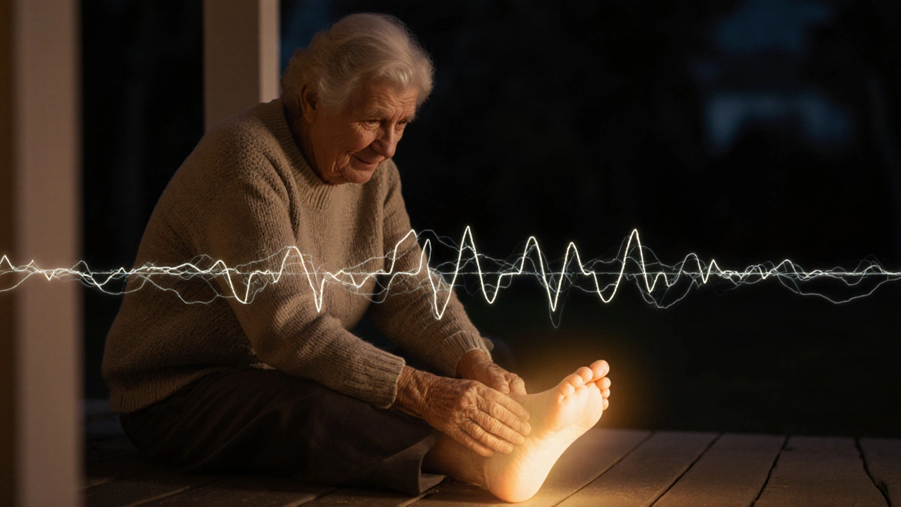 An elderly woman gently massaging her feet at night, symbolizing relief from diabetic neuropathy pain.