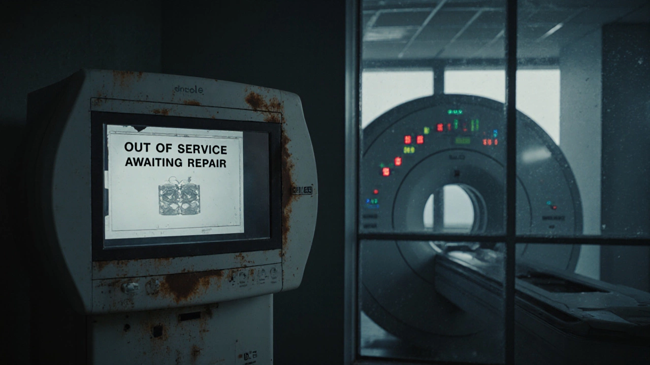 An outdated MRI machine marked for repair next to a modern scanner visible through a window.
