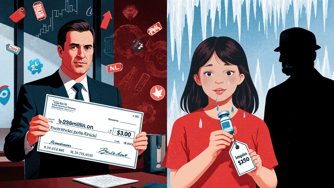 CEO holding large check next to mother staring at expensive insulin vial.