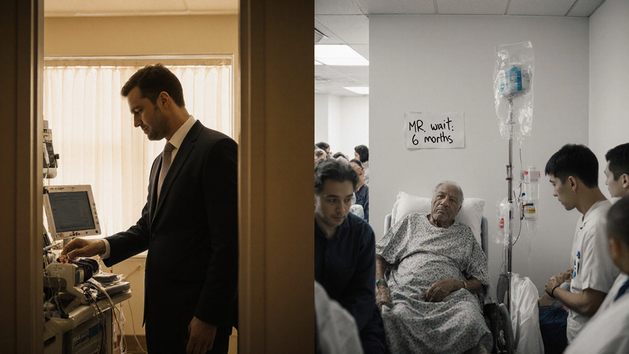 Contrasting hospital rooms: private care vs. crowded public ward with long wait notice.