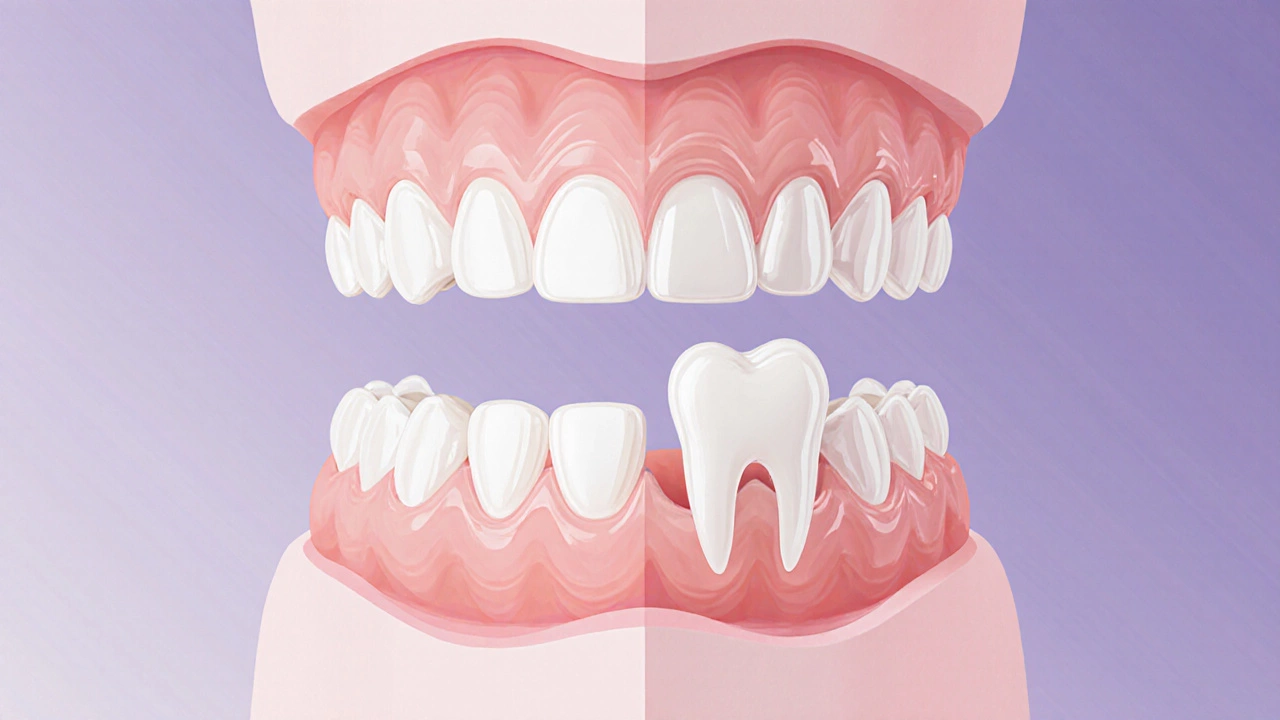 Cross-section of a dental bridge anchored to natural teeth