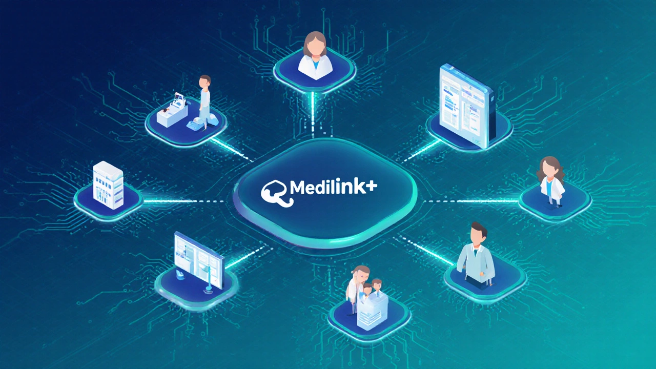 Digital network connecting patients, doctors, and pharmacies through a secure health system.