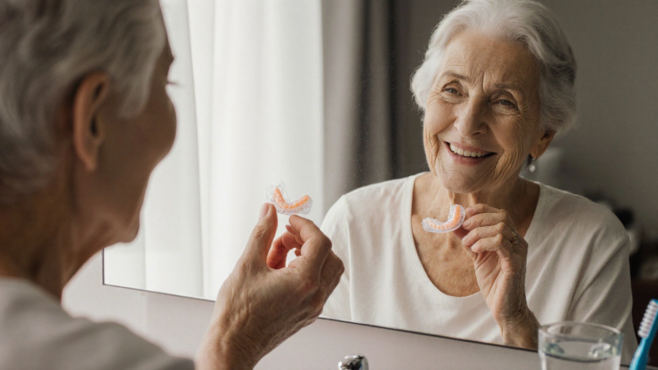 Elderly woman holding an adhesive denture in front of a mirror