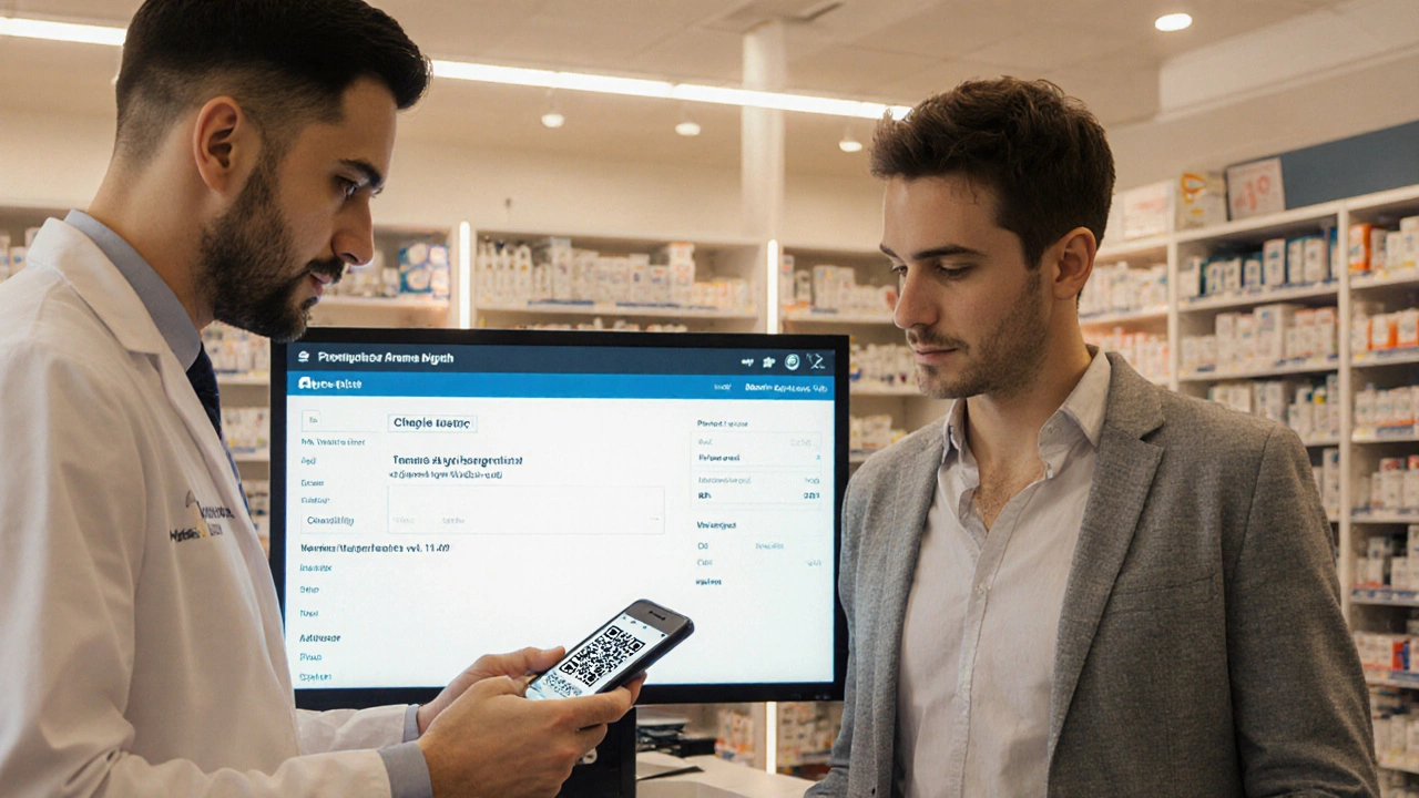 Pharmacist scanning a QR code from a patient&#039;s phone to verify a digital prescription.