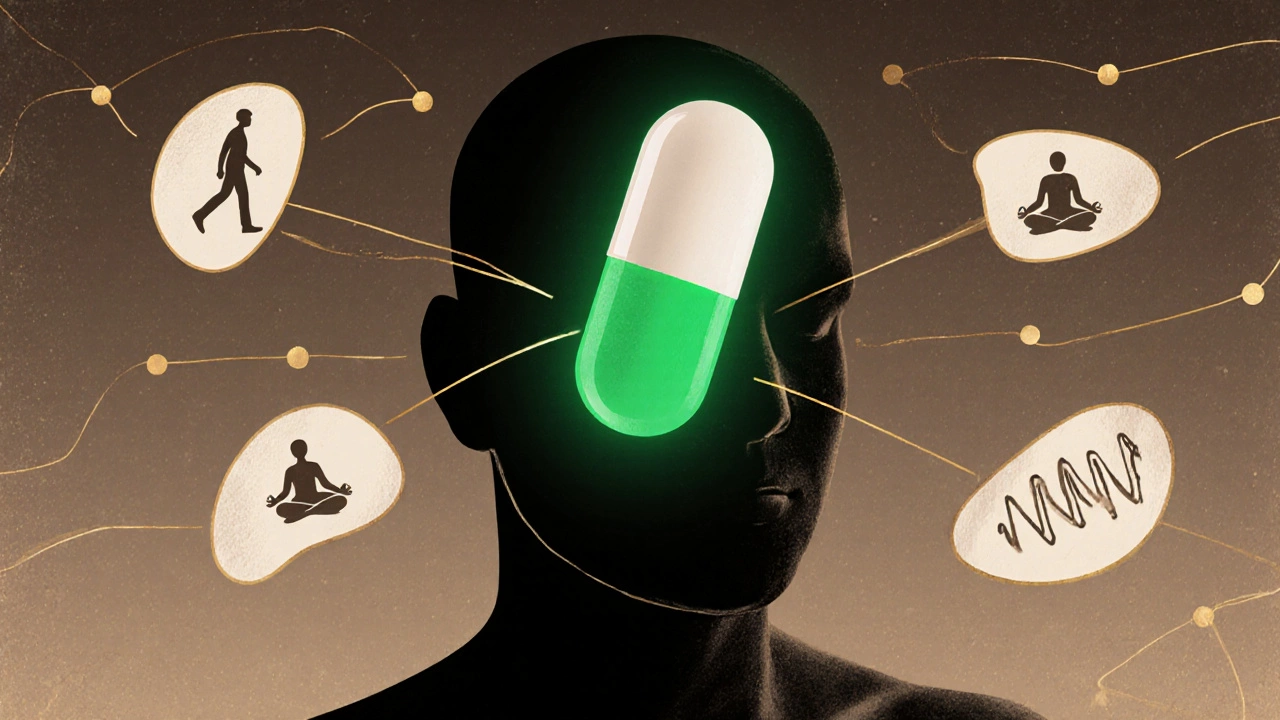 Silhouette with glowing acetaminophen pill surrounded by icons of exercise, meditation, and TENS therapy.