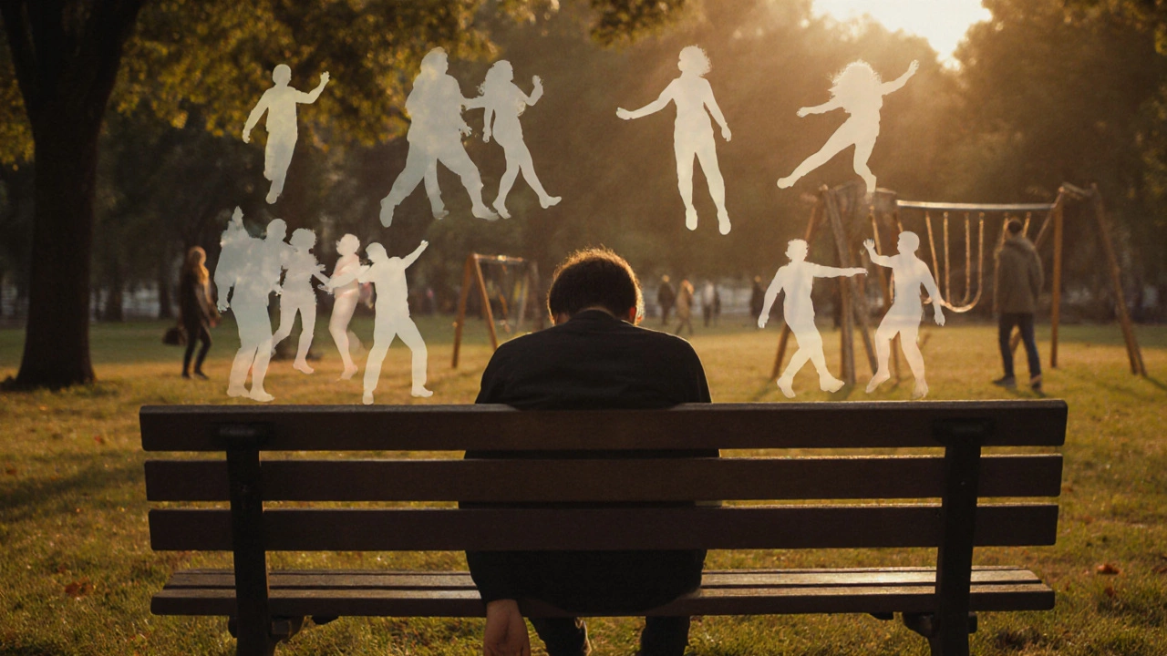 Someone on a park bench surrounded by fading memories of past activities.