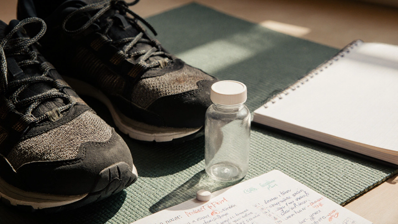 Worn walking shoes beside an empty pill bottle with one acetaminophen tablet on a yoga mat.
