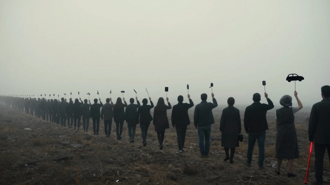 A long line of silhouetted people each holding symbols of lives on hold due to NHS delays.