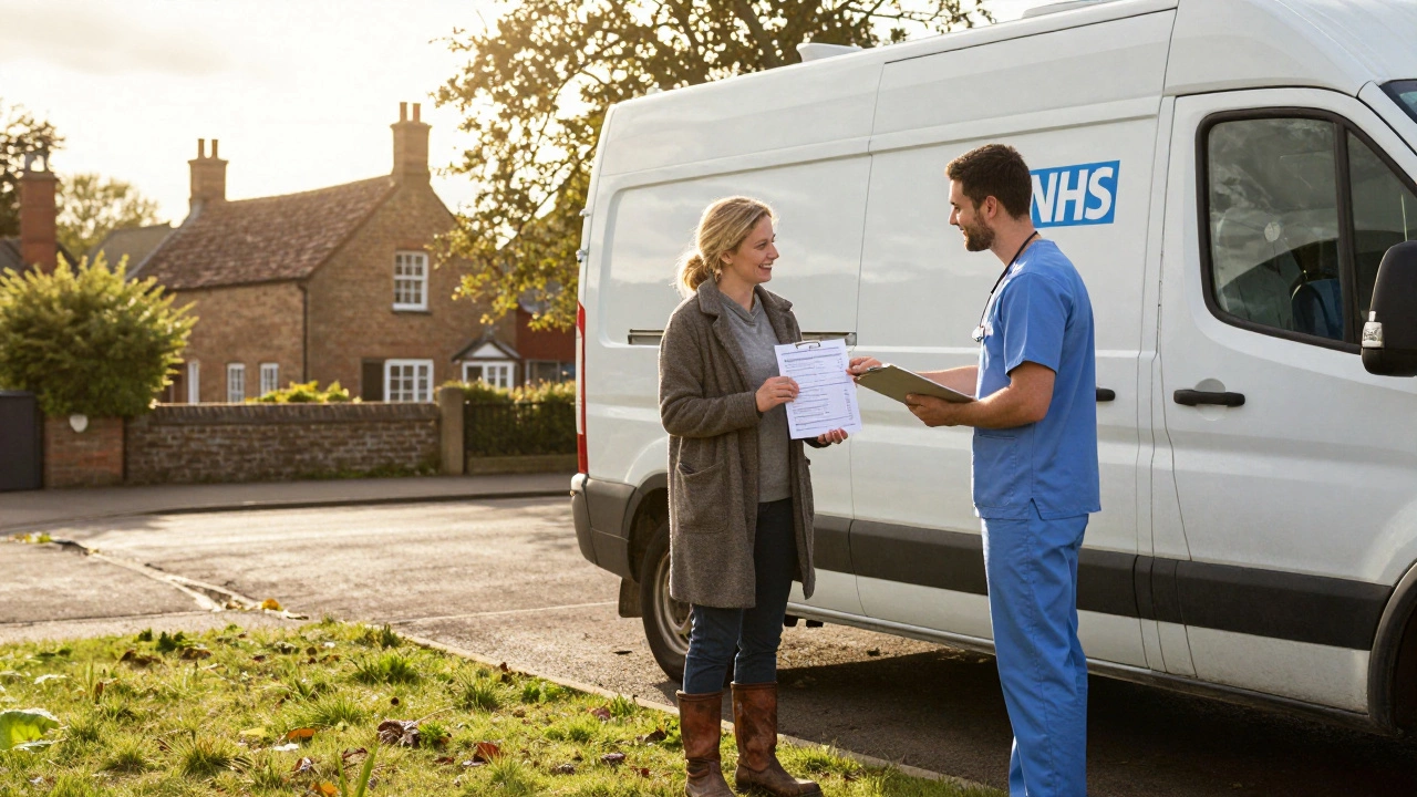 A patient in a rural village receives a folder from a healthcare worker beside a mobile MRI van during golden hour.