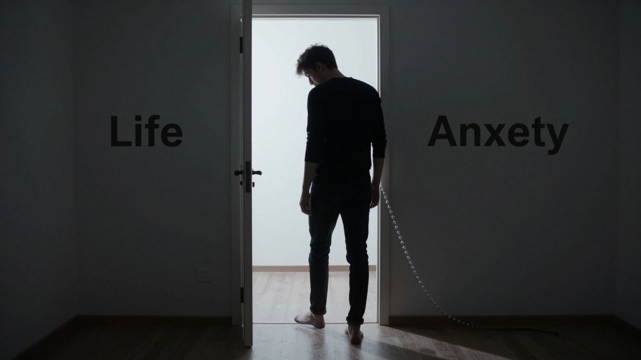 A person frozen at a threshold between a bright life and a shadowy anxiety-filled hallway.