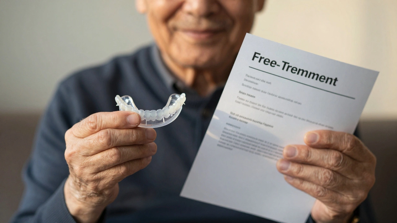 A person smiles while holding a denture and a letter confirming free NHS dental treatment.