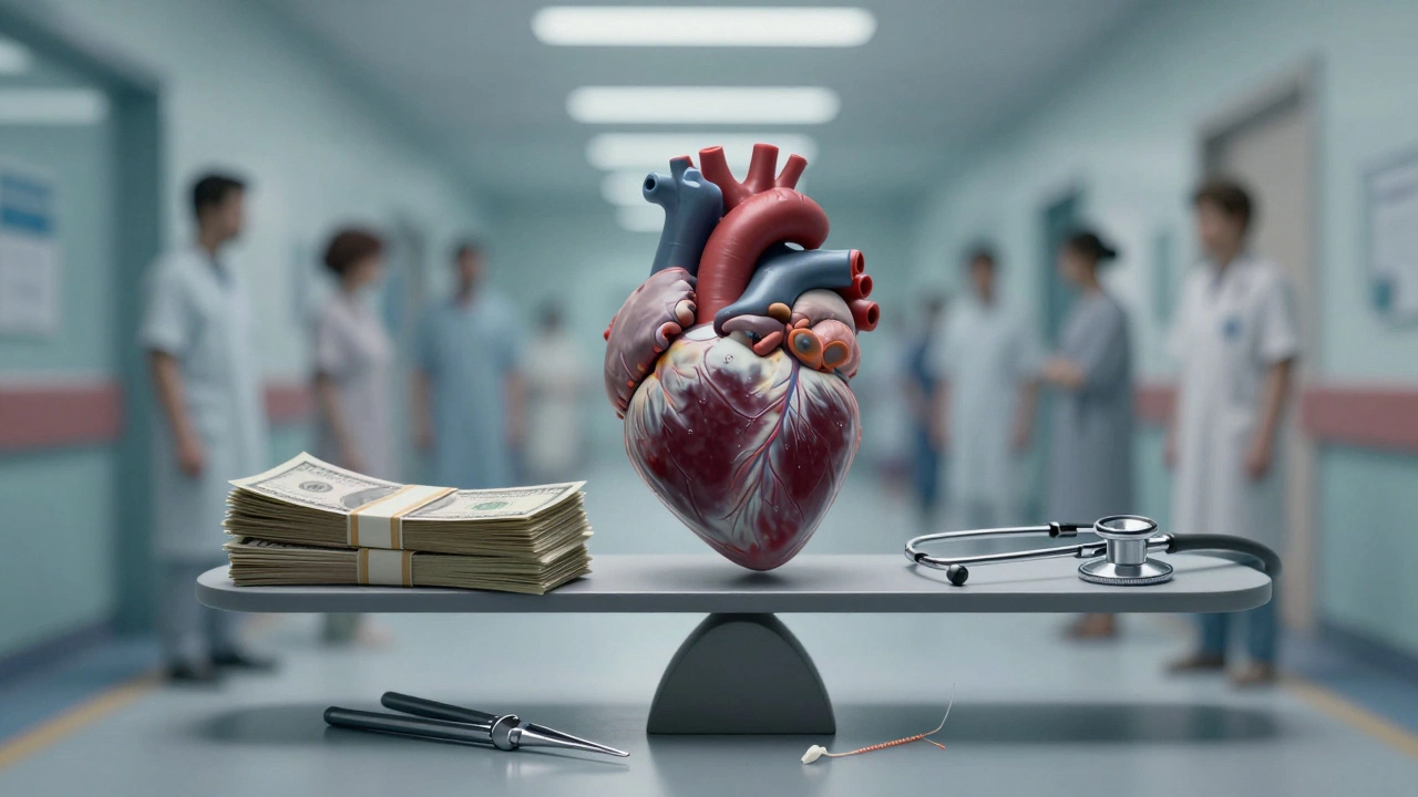 A scale balancing money against a human heart, with surgical tools and silhouetted patients symbolizing cost versus survival.