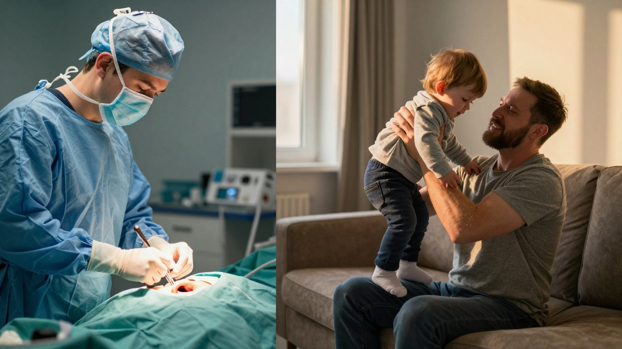 A surgeon performing hip surgery contrasted with a patient in pain at home, showing before and after.