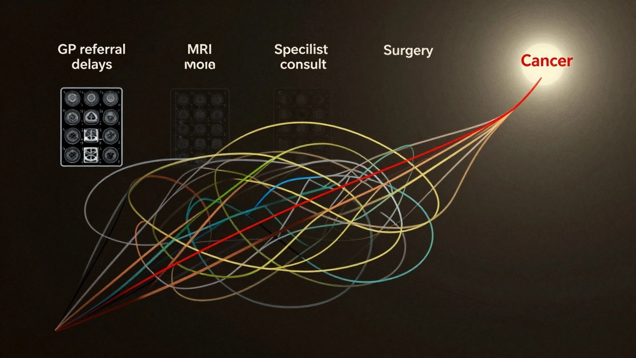 A tangled web of medical timelines representing NHS delays, with one red thread breaking through toward a light of urgent care.