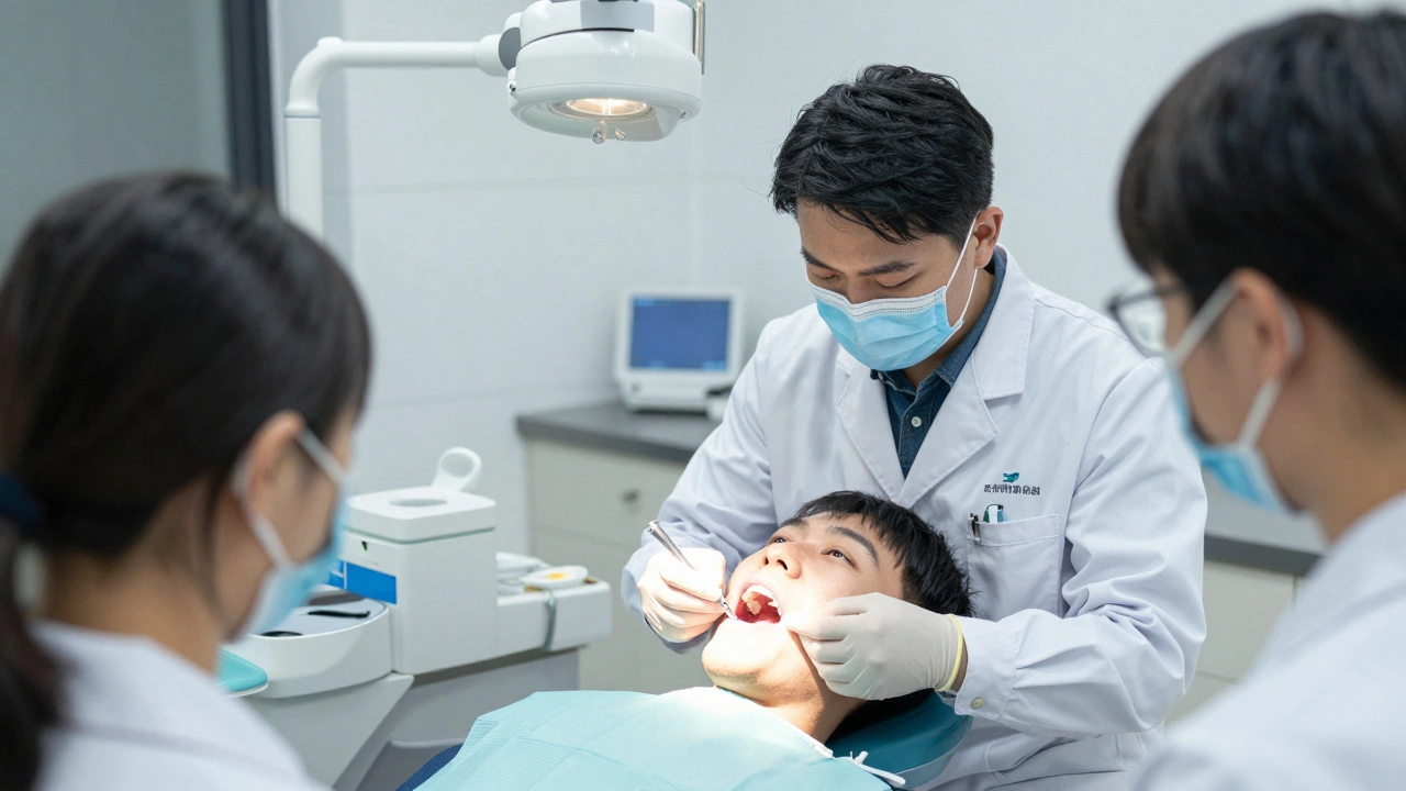 A volunteer dentist examines a patient in a university dental clinic with students observing quietly.