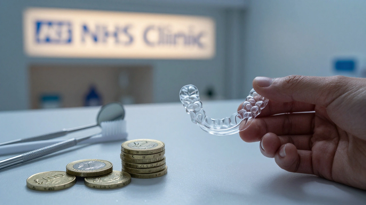 An acrylic partial denture beside UK coins and dental tools on a clean surface.