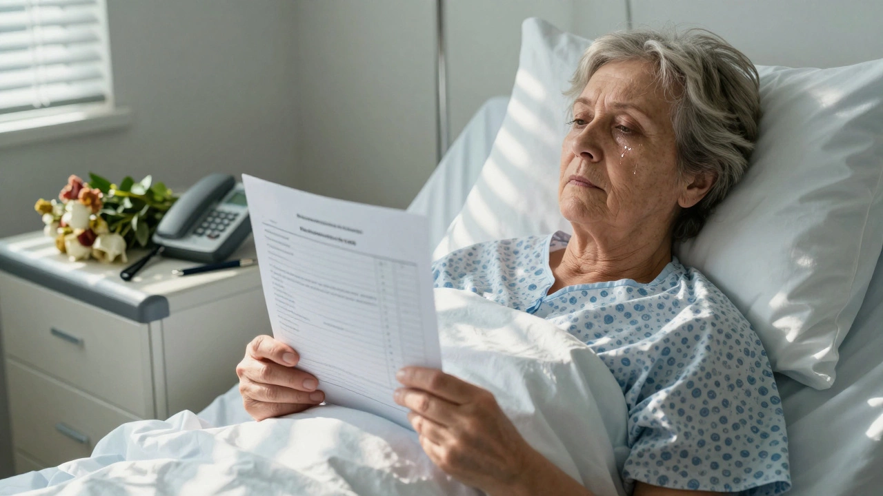 An elderly woman in a hospital bed, tearful, holding surgical risk data as sunlight streams through blinds.
