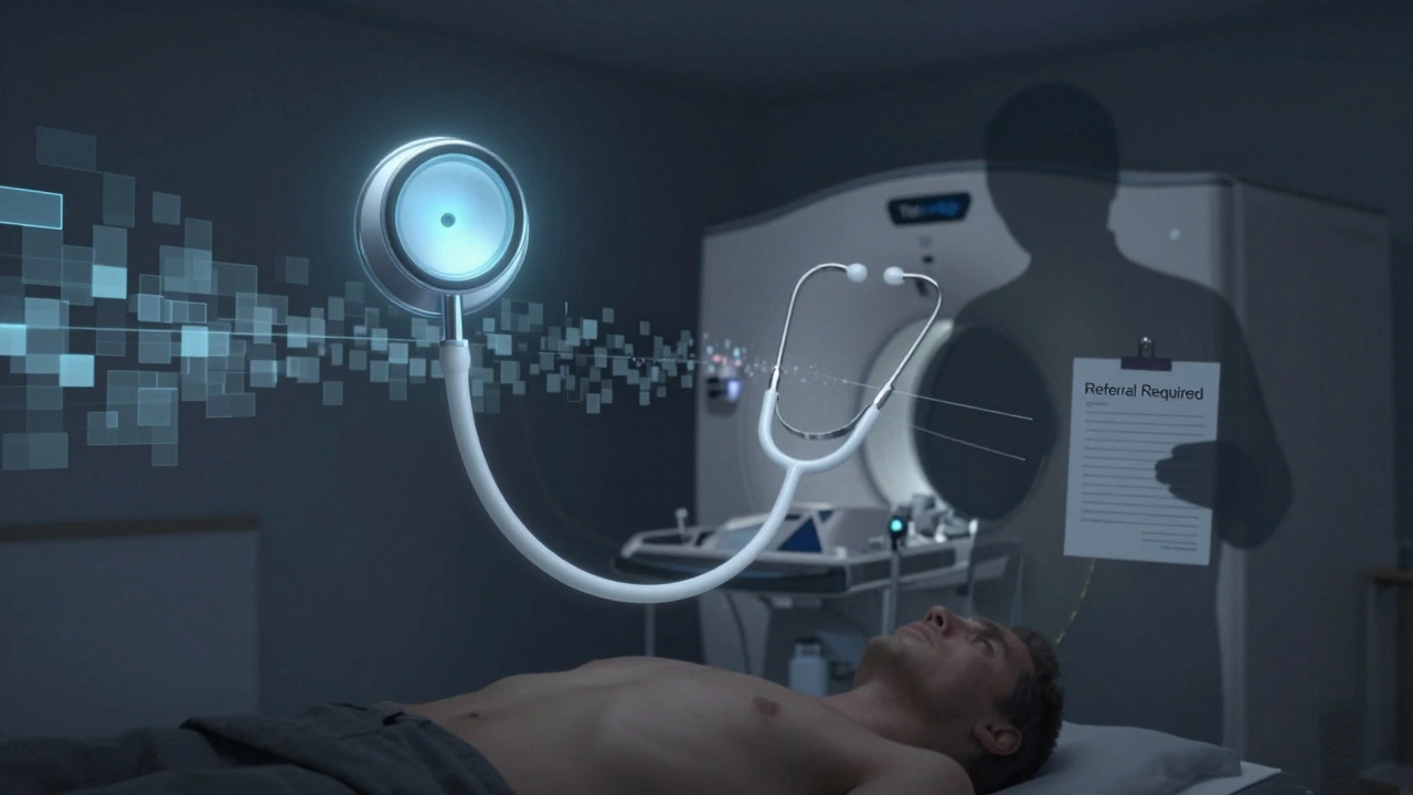 Digital stethoscope fading into pixels as a patient stands near an MRI machine with a referral notice.