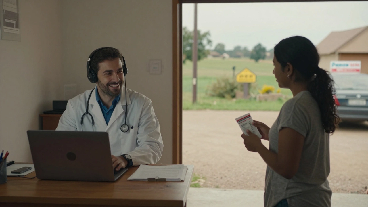 Doctor on video call beside patient picking up a prescription at a rural pharmacy.