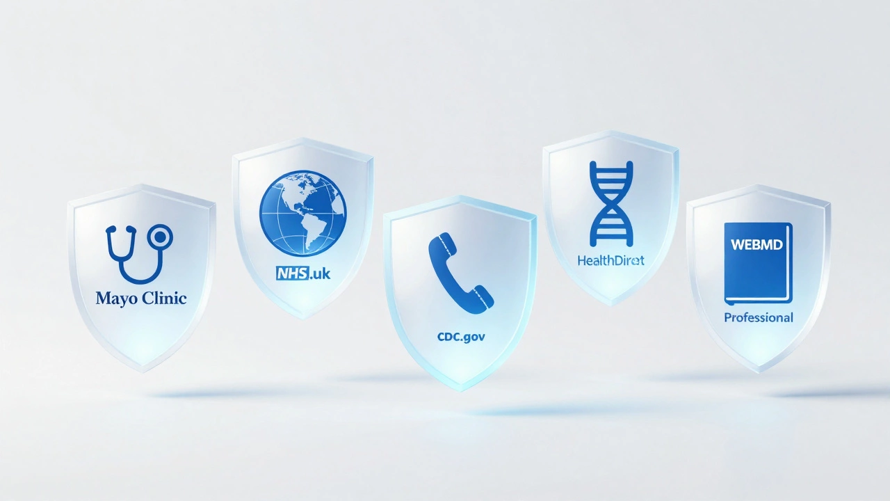 Five trusted medical websites represented as glowing shields with medical icons floating in a sterile white space.