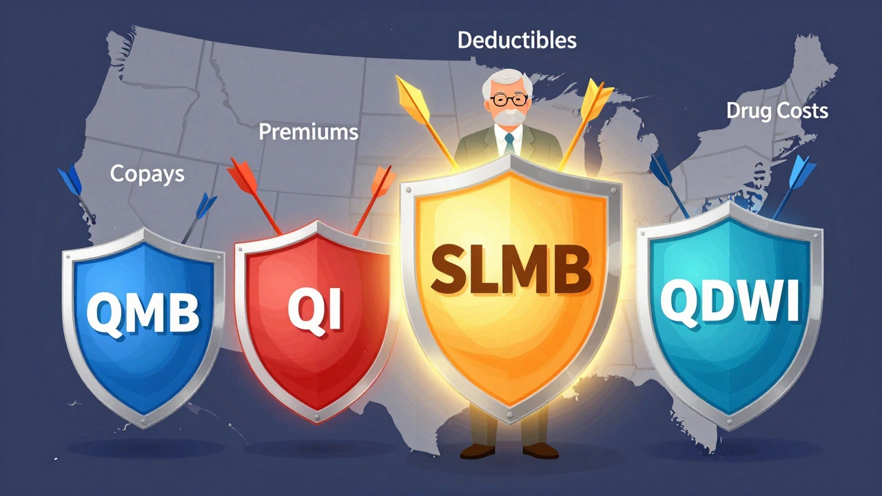 Four protective shields labeled QMB, SLMB, QI, QDWI blocking healthcare costs.