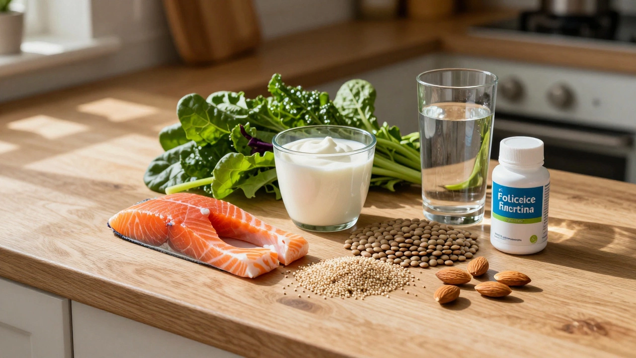 Fresh fertility-boosting foods arranged on a sunlit kitchen counter.