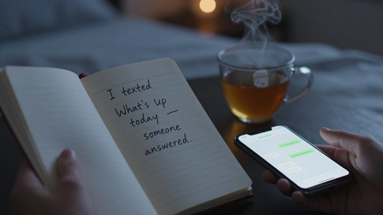 Handwriting in a journal beside a phone showing a supportive text message.