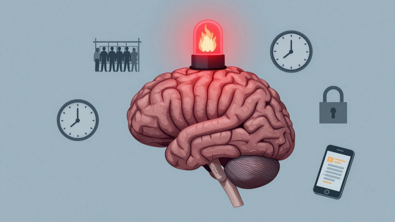 Human brain with glowing red amygdala surrounded by symbols of everyday anxiety triggers.