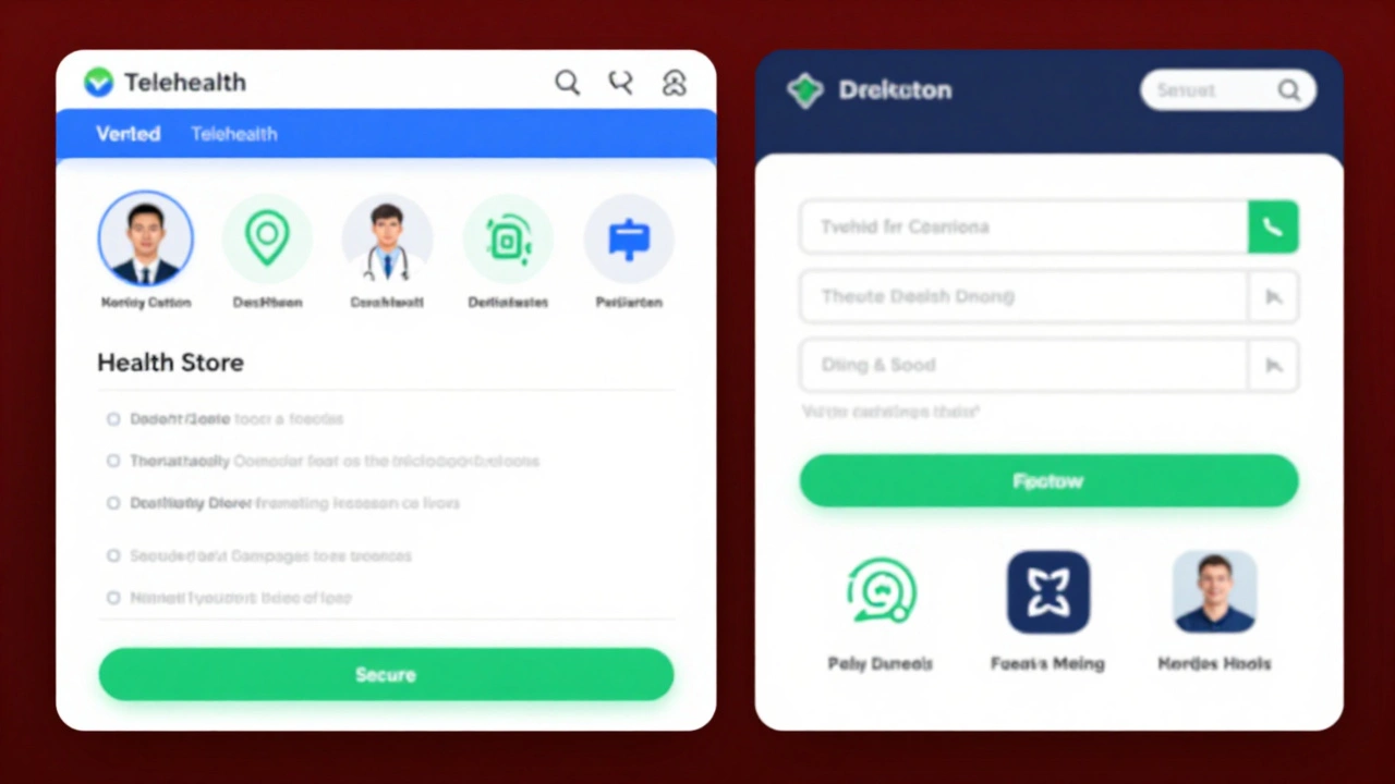 Legitimate vs. shady online prescription platforms shown in contrasting visual styles.