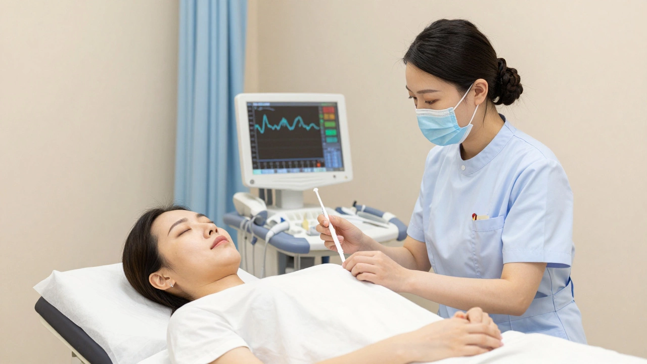 Nurse performing an IUI procedure in a calm, modern fertility clinic setting.