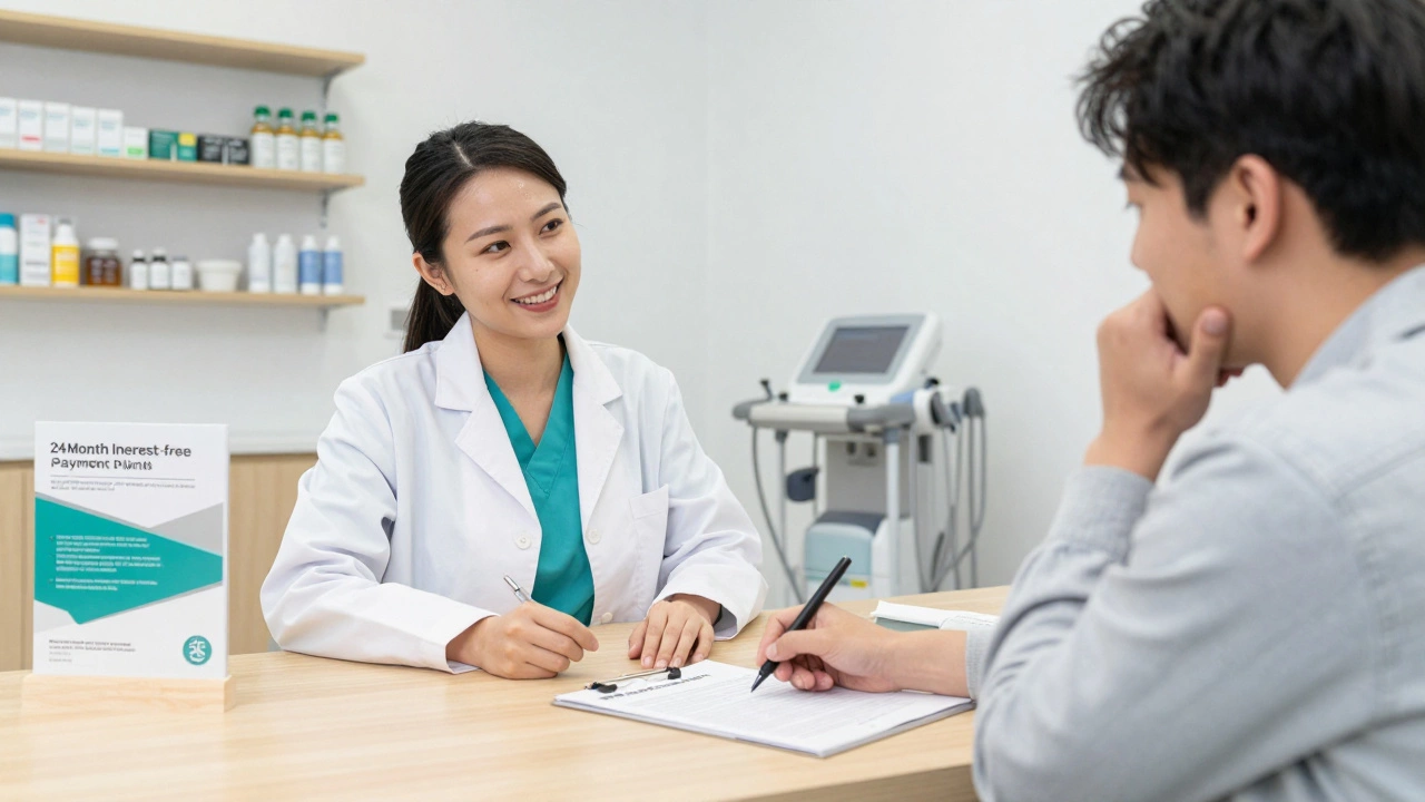 Patient signing a payment plan with clinic administrator in a bright, modern New Zealand medical office.