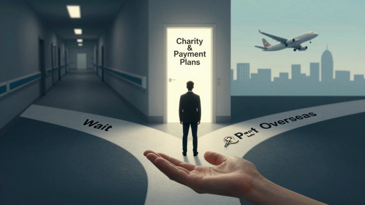 Person at a symbolic crossroads with paths for waiting, financial help, and medical tourism.