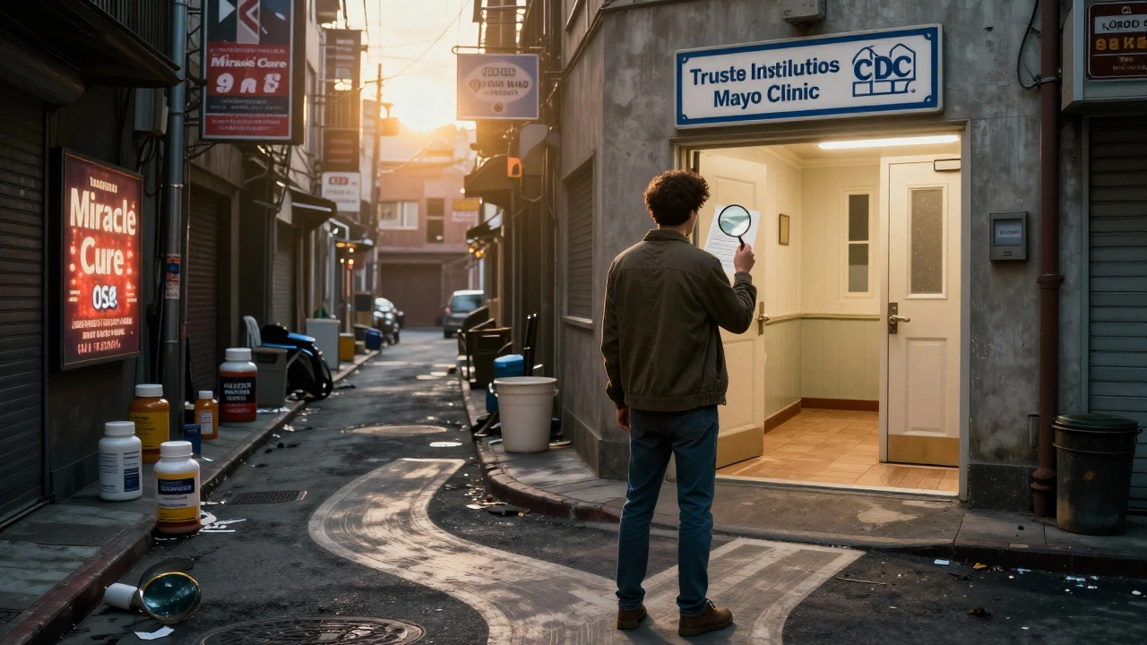 Person choosing between a dangerous ad-filled path and a safe, well-lit path to verified health resources.