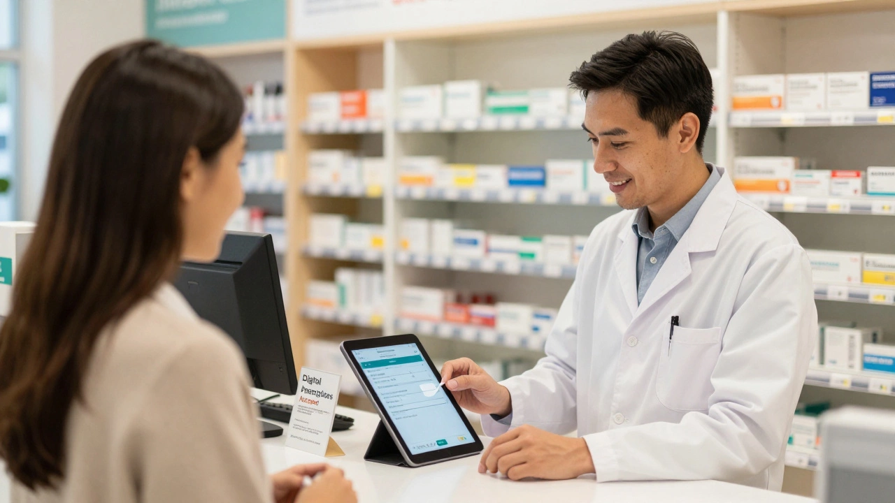 Pharmacist processing a digital prescription at a New Zealand pharmacy counter.