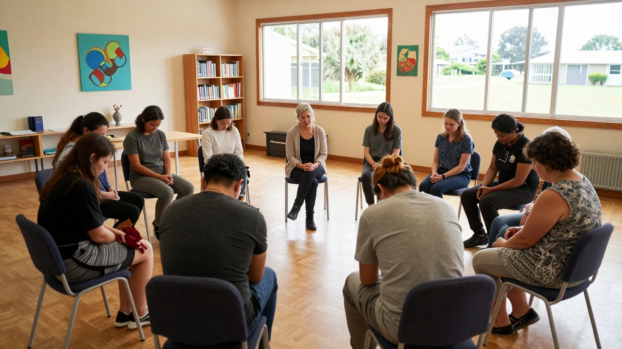 Small group in a community center receiving peer support from a counselor.