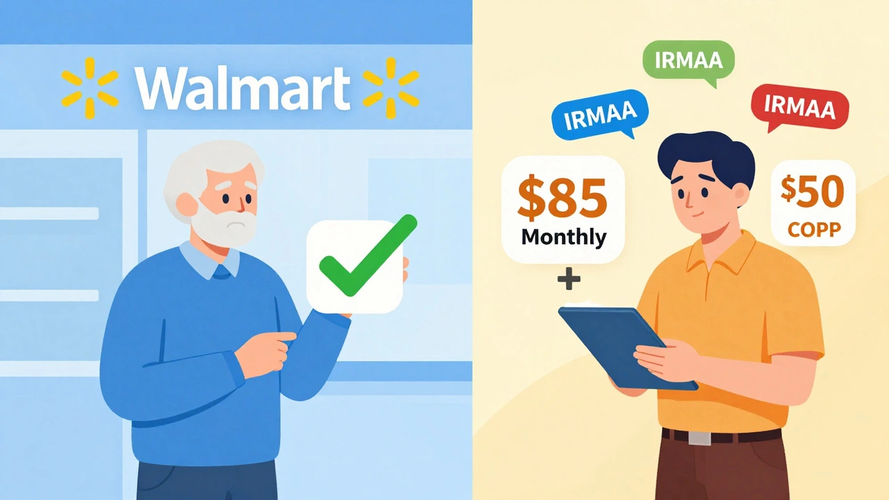 Split image showing low-cost and high-cost Medicare prescription payments at different pharmacies.