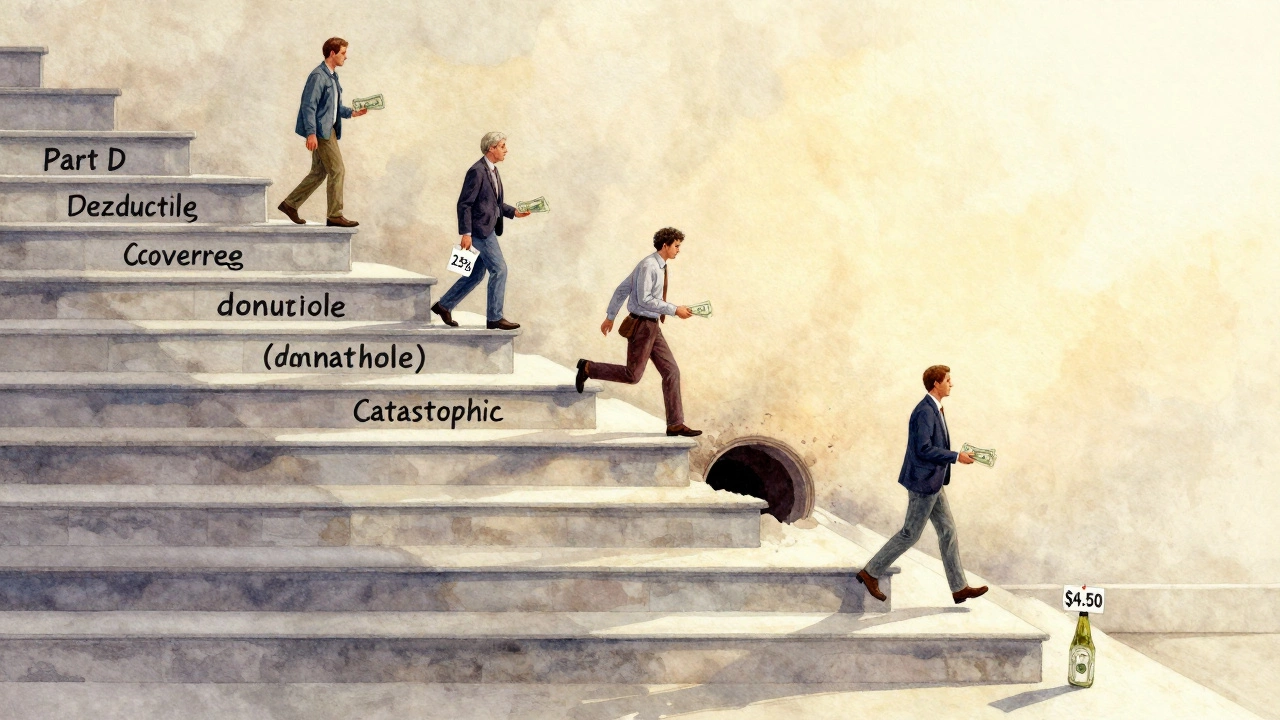 Staircase illustrating the five stages of Medicare Part D prescription costs with people at each level.