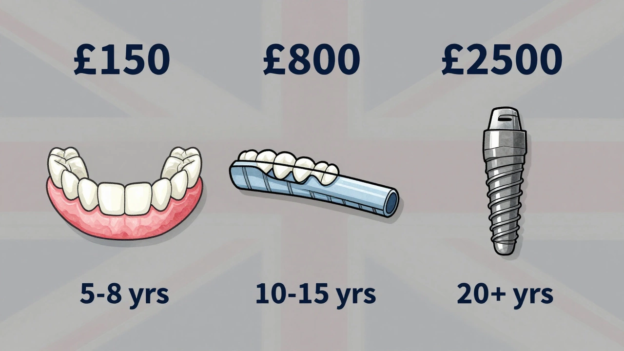Stylized visual comparison of three dental treatments with prices and lifespans.
