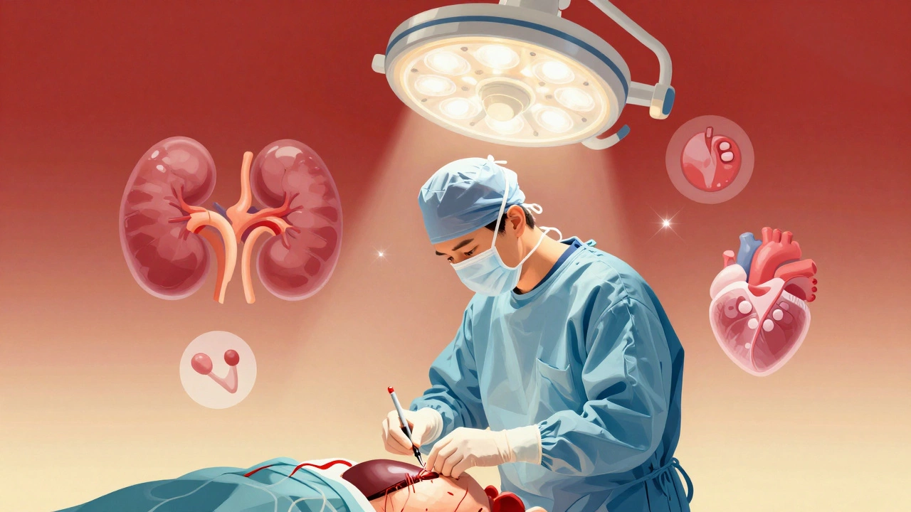 Surgeon performing a liver transplant with symbolic icons of organs floating around in a glowing medical environment.
