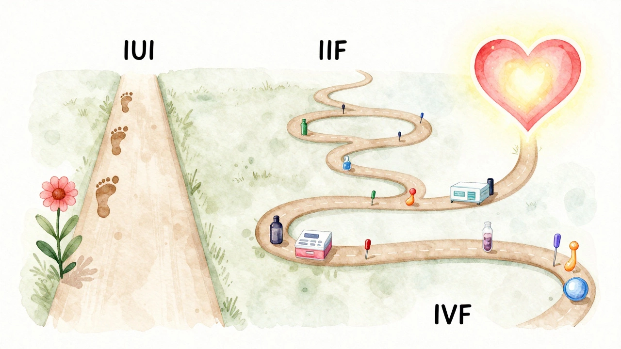 Two symbolic paths representing IUI and IVF leading to the same pregnancy outcome.