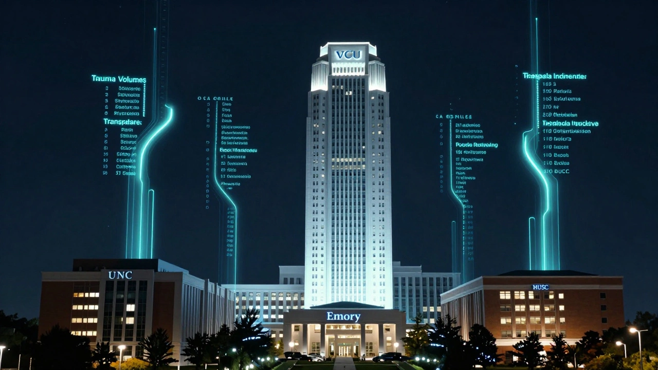 VCU Health medical tower towers over regional hospitals with data streams showing specialty rankings and transplant volumes.