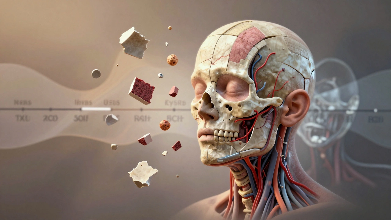 A face being reconstructed from floating bone, skin, and nerve fragments in a surreal, timeline-inspired mosaic.