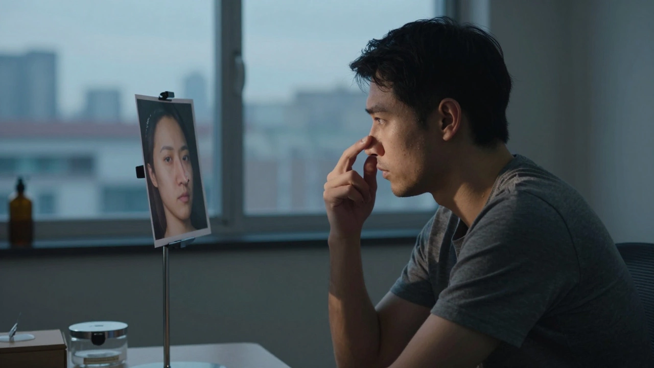 A man examining a photo of his altered nose in a consultation room, expression filled with loss.
