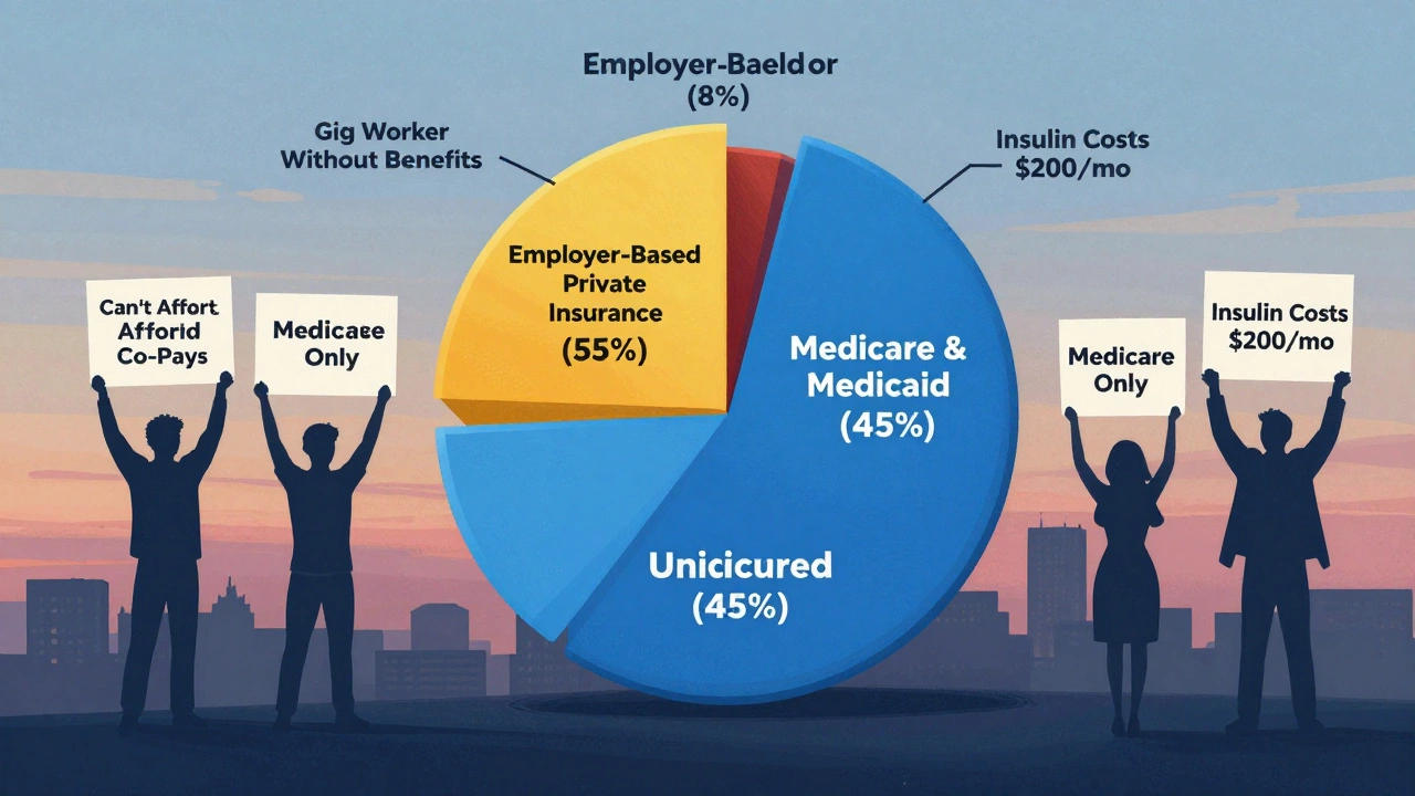 A pie chart showing health coverage distribution in the U.S. with symbolic figures around it.