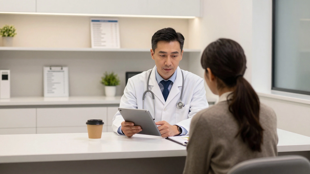 A private doctor consultation in a modern clinic with a tablet and coffee cup.