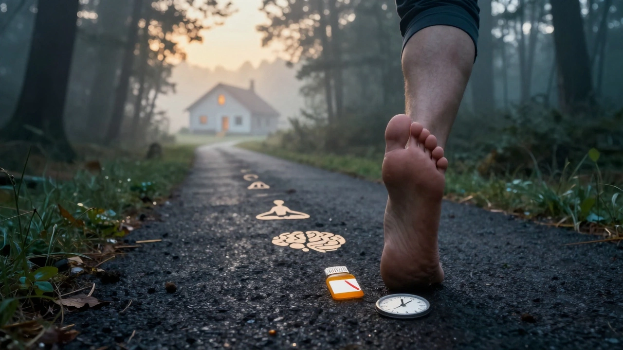 A solitary footstep path symbolizing slow, consistent progress toward pain relief.