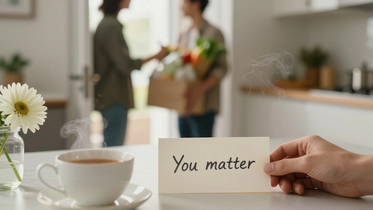 A teacup and handwritten note on a counter, symbolizing small acts of care.